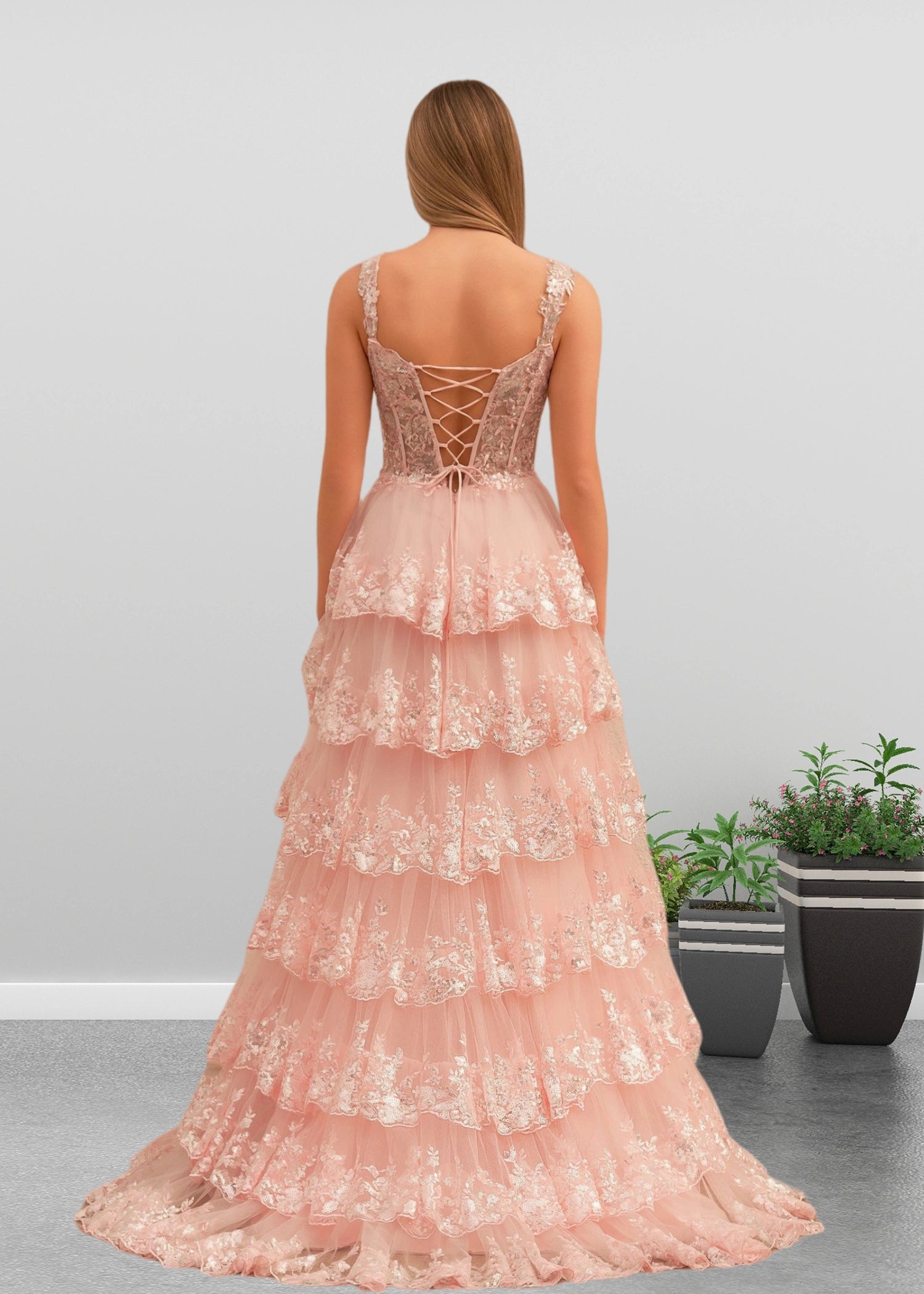 Lydia |Lace Ruffles A Line Blue Princess Off the Shoulder Prom Dress With Corset - Pink - US0 - PromDressClub