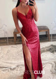 Lynn |Long Red Prom Dresses Near Me With Sequin Plunge V Backless Mermaid Slit - Red - US0 - PromDressClub