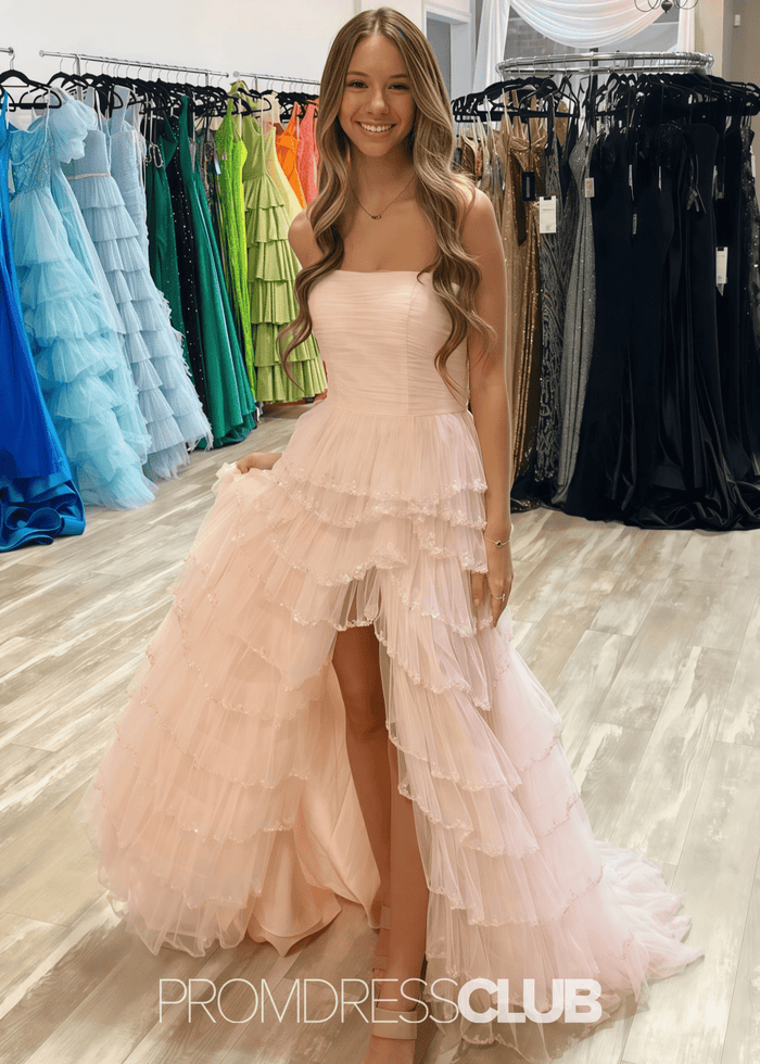 Mabel | A Line Sparkly Tiered Ruffles Light Blue Long Prom Dress - Price #price_variant_lowest# - Light Pink - PromDressClub