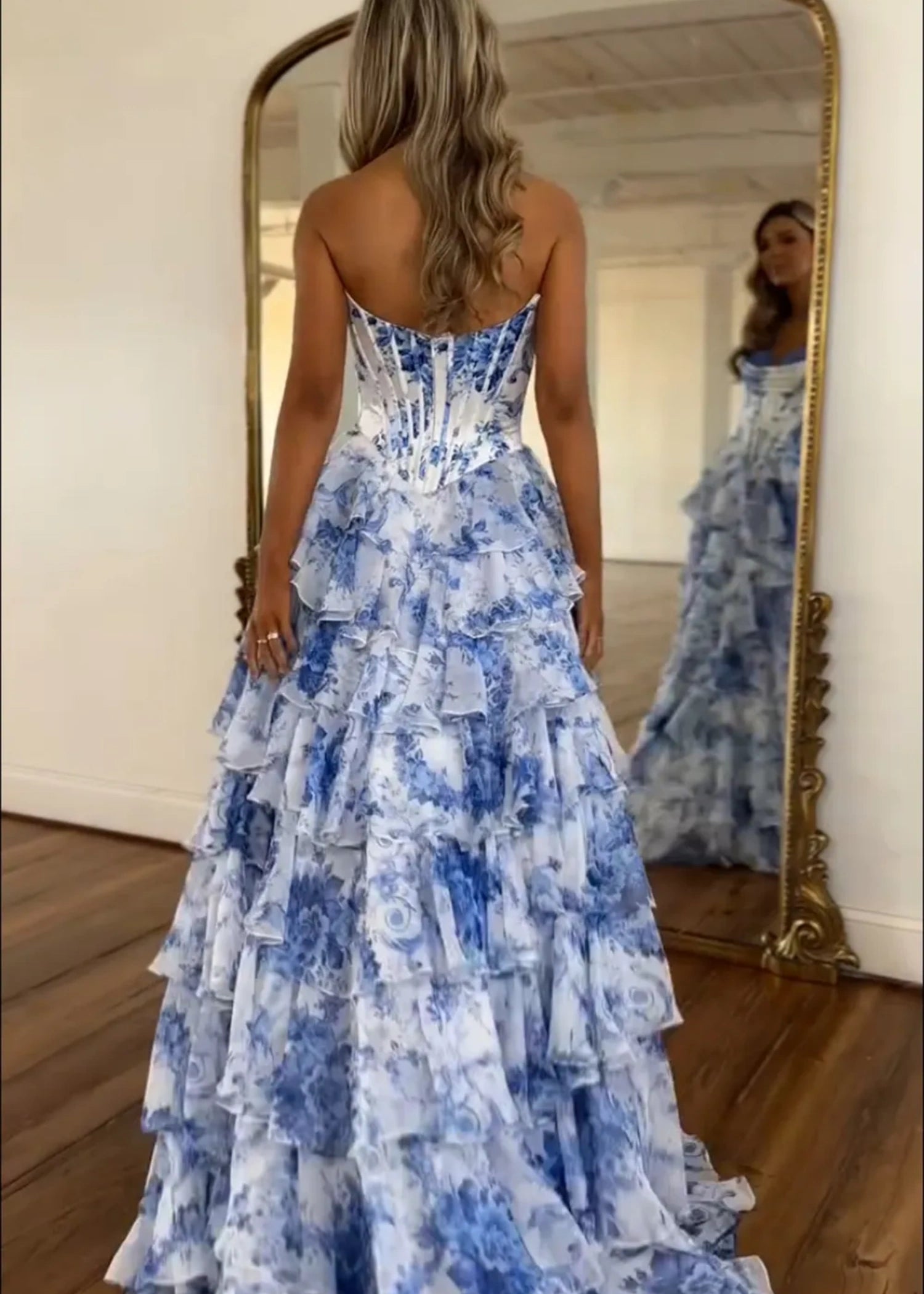 Mabel|A - Line Sweetheart Chiffon Floral Ruffled Corset Long Blush Prom Dress with Slit - Blue - US0 - PromDressClub