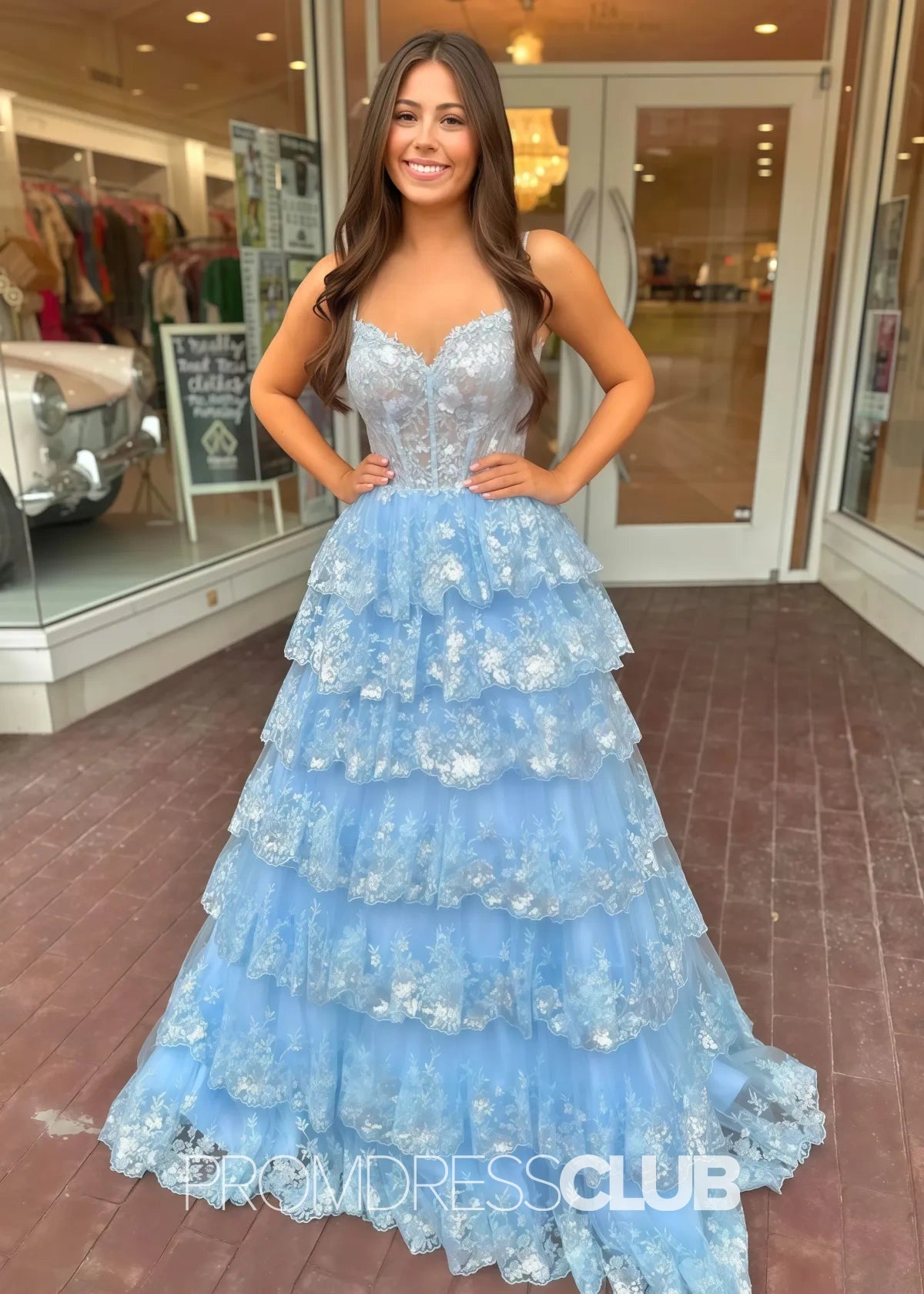 Madeline |Black Long Prom Dresses Near Me With A Line Spaghetti Straps Tiered Lace - Sky Blue - US0 - PromDressClub