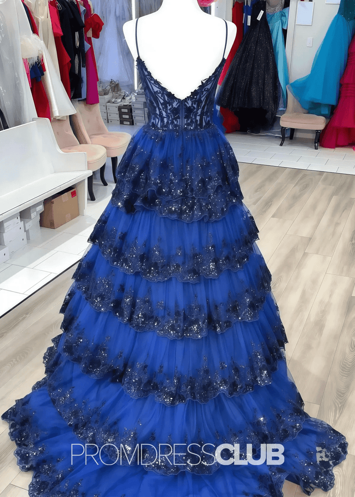 Madeline |Black Long Prom Dresses Near Me With A Line Spaghetti Straps Tiered Lace - Price #price_variant_lowest# - Sky Blue - PromDressClub