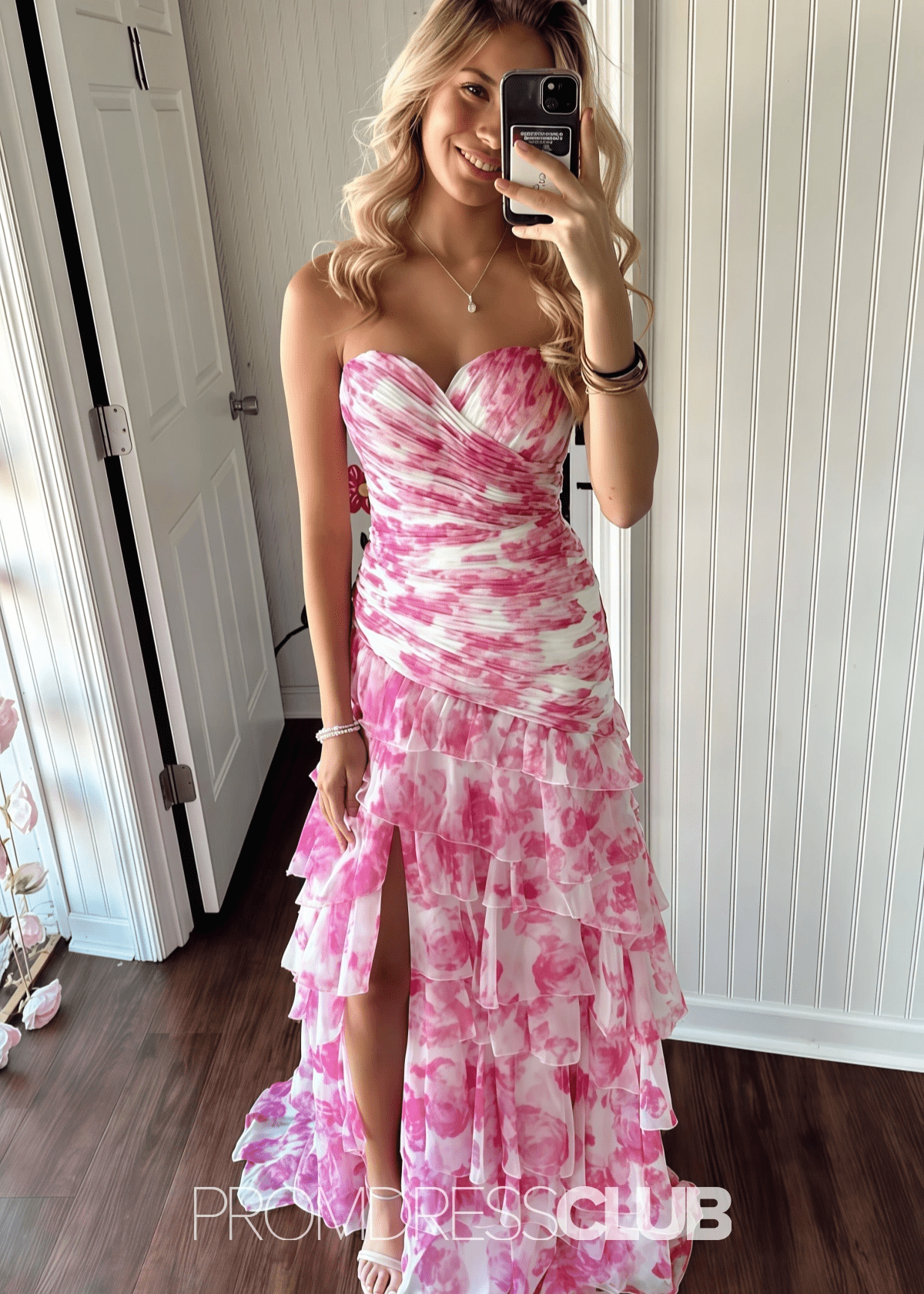 Madeline | White and Pink Floral Mermaid Tiered Prom Dress Long - Pink Floral - PROMDRESS Club