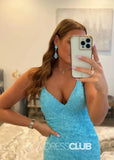 Madge |Long Sky Blue Prom Dresses Near Me With Mermaid V Neck Sequins Slit - Sky Blue - US0 - PromDressClub