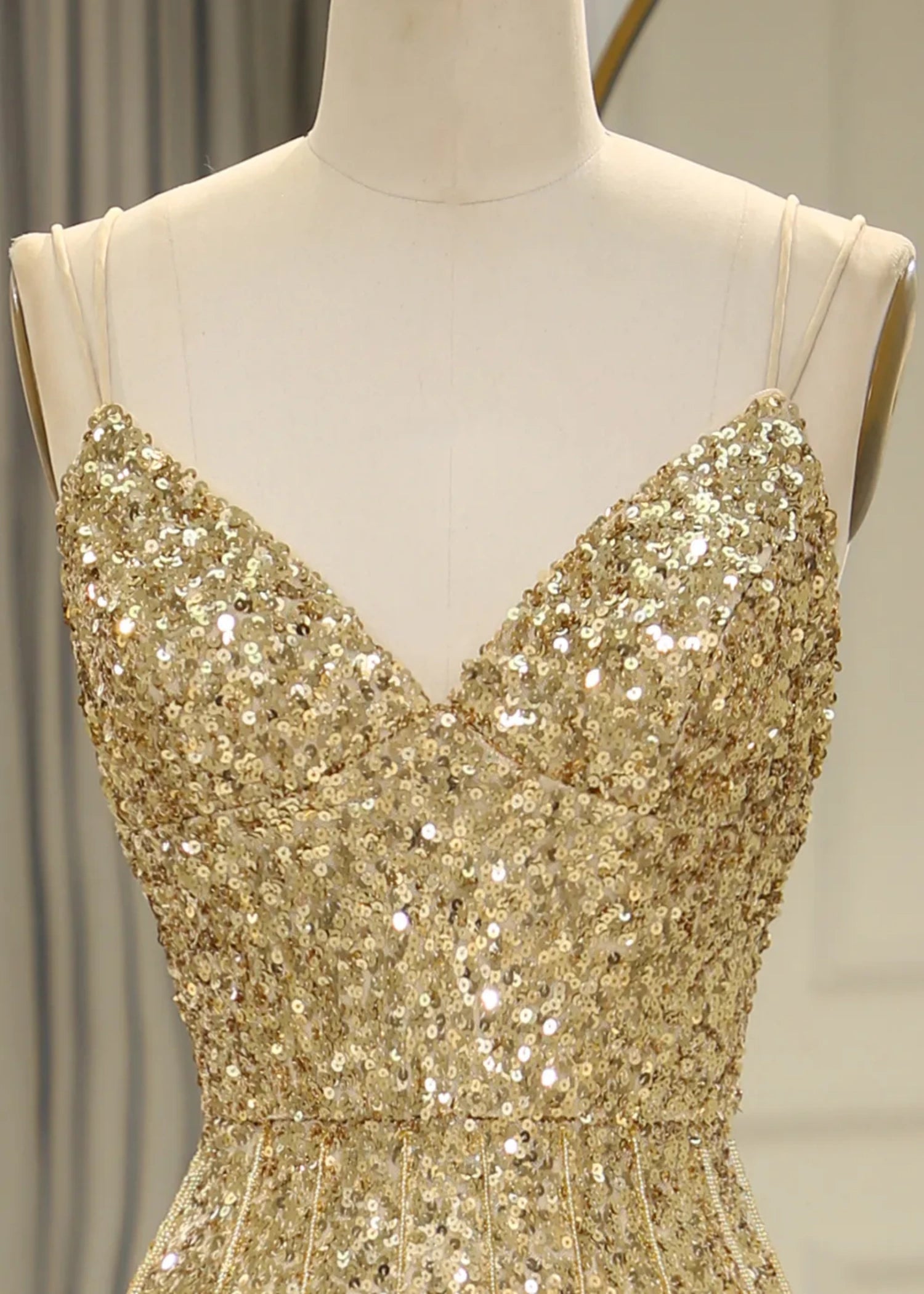 Madge | Mermaid Spaghetti Straps Bling Golden Sequins Long Prom Dress with Split Front - Gold - US0 - PromDressClub