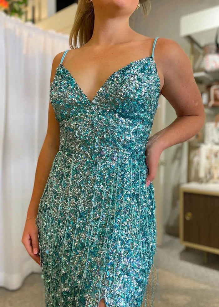 Madge | Mermaid Spaghetti Straps Bling Golden Sequins Long Prom Dress with Split Front - Green - PromDressClub