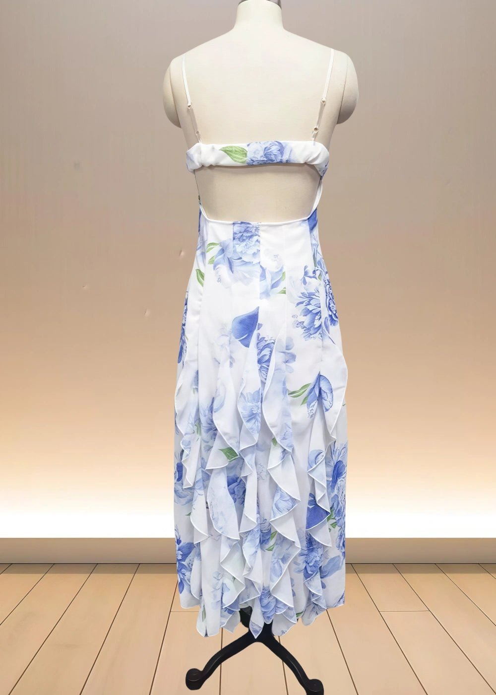 Maeve | Stunning Light Blue Floral Open Back Prom Dress with Ruffles - Light Blue Floral - PromDressClub