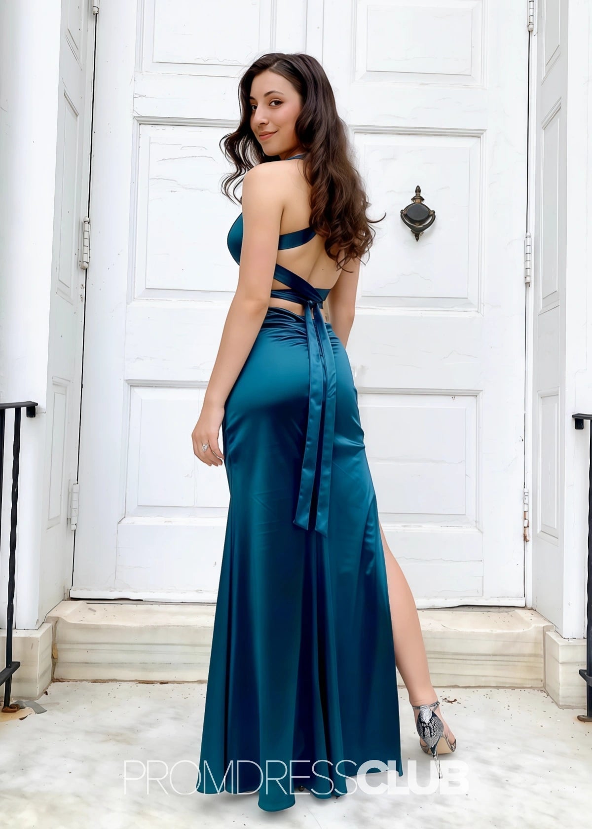 Mag | Mermaid Emerald Green Satin Long Formal Dress Near Me - Ink Blue - PROMDRESS Club