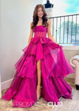 Maggie | A Line Strapless Black Long Prom Dress Near Me - Hot Pink - PROMDRESS Club