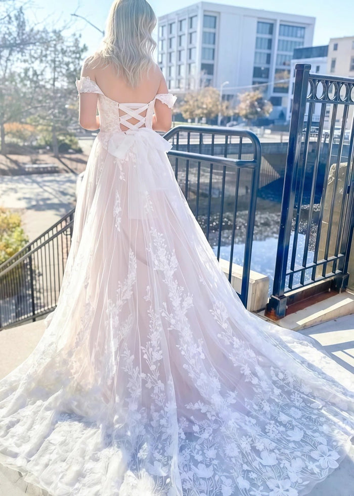Maggie | Elegant Sunlit Off the Shoulder Sweetheart Neck Backless Wedding Dress with Floral Embroidery – Perfect for Garden or Rustic Weddings - Ivory - PromDressClub