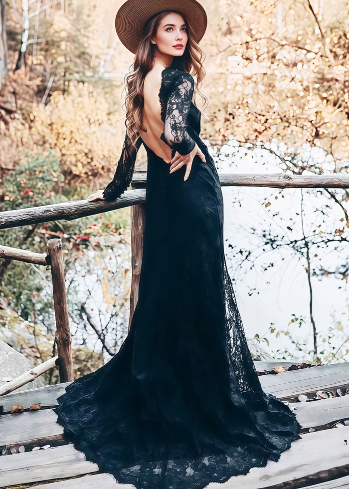 Maggie | Modest Black Tie Long Sleeve High Neck Backless Wedding Dress with Slit - Black - PromDressClub