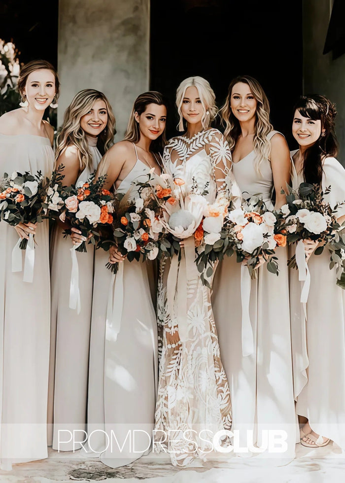 Marcia |Long Sleeve Wedding Dresses White Boho Mermaid Lace with Beach - Champagne - PromDressClub