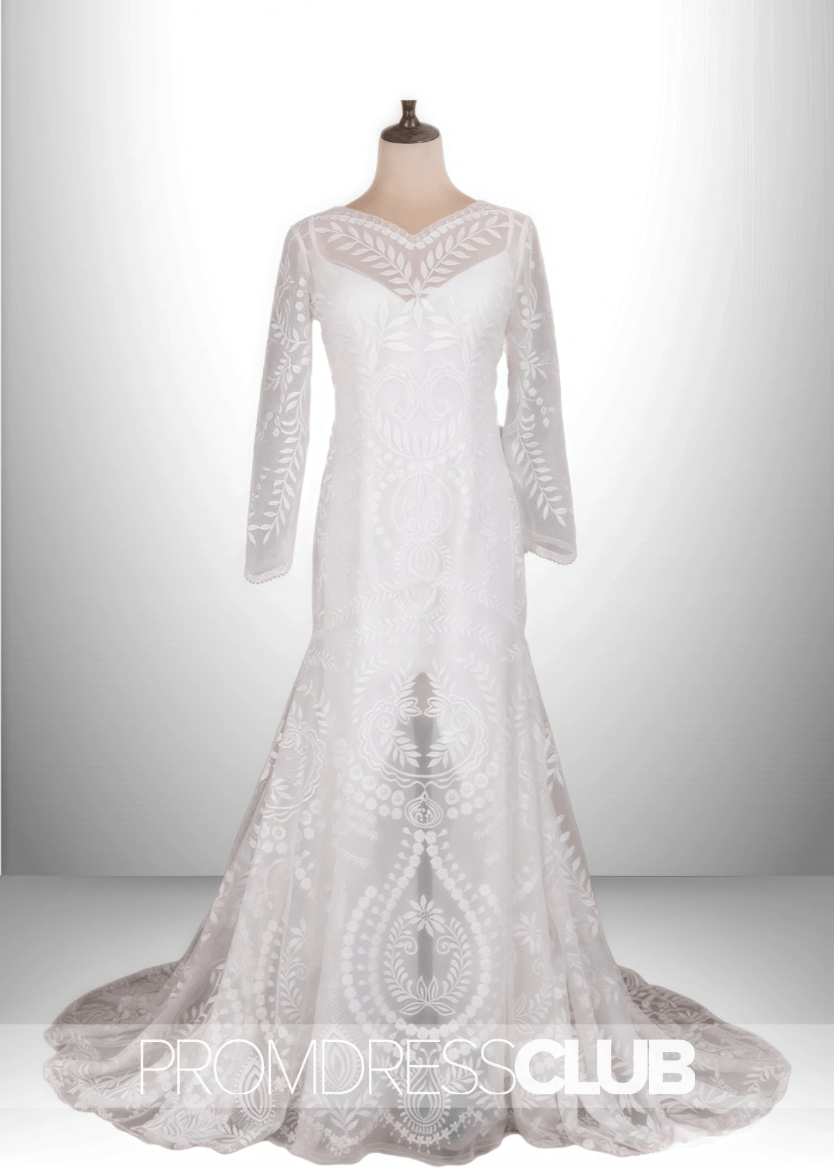 Marcia |Long Sleeve Wedding Dresses White Boho Mermaid Lace with Beach - White - PromDressClub