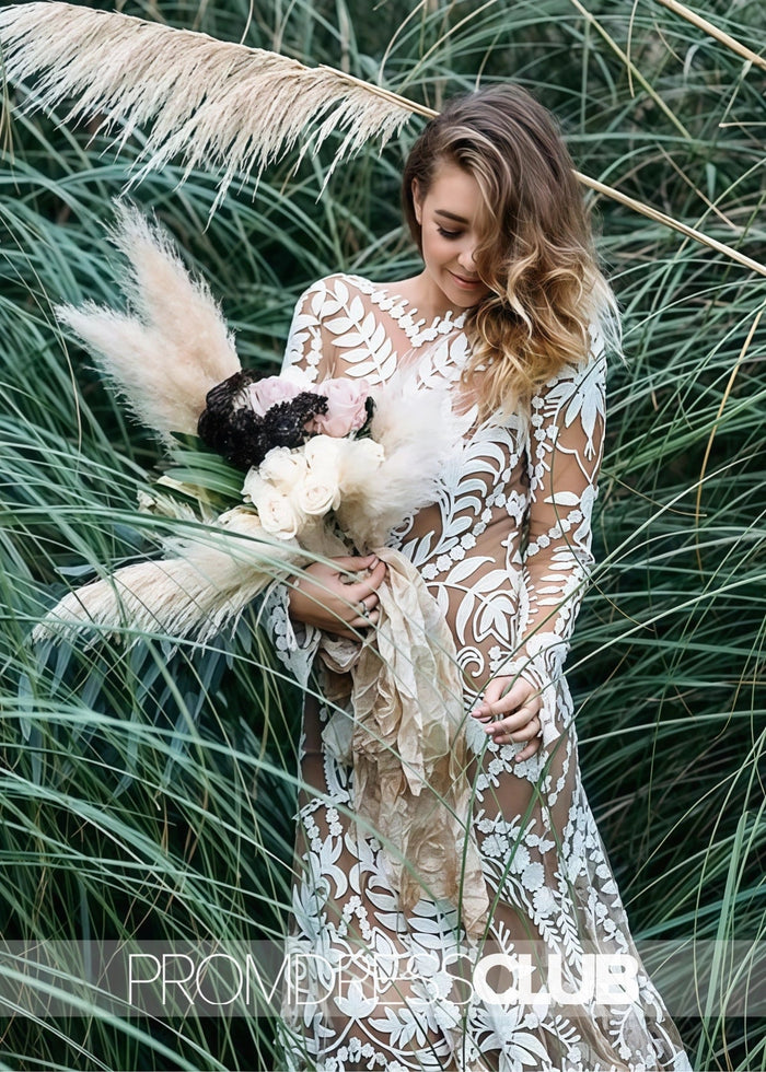 Marcia |Long Sleeve Wedding Dresses White Boho Mermaid Lace with Beach - White - PromDressClub