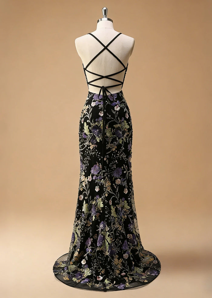 Maren Floral Black Sparkly Dress Prom | Mermaid Spaghetti Strap V - Neck Beaded Formal Dress with Sequins - Black - PromDressClub