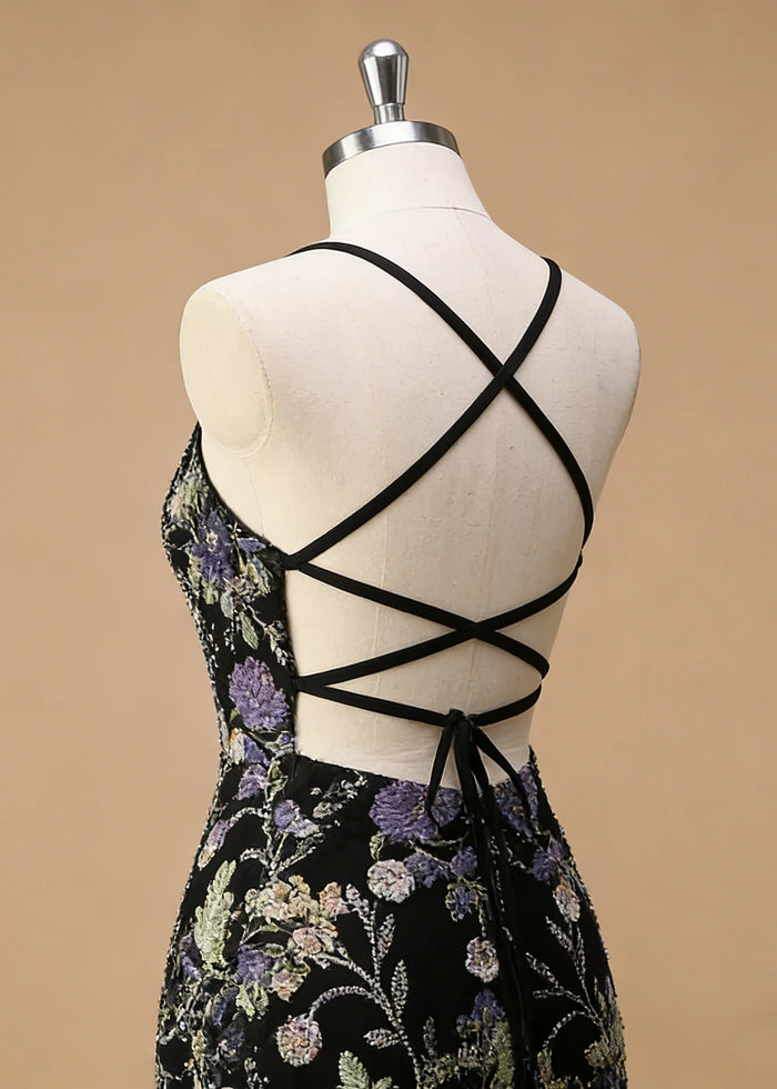 Maren Floral Black Sparkly Dress Prom | Mermaid Spaghetti Strap V - Neck Beaded Formal Dress with Sequins - Black - PromDressClub