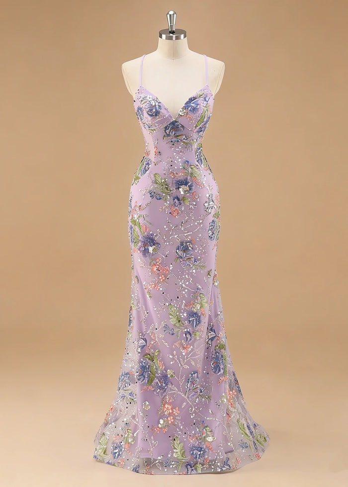Maren Floral Lilac Sparkly Dress Prom | Mermaid Spaghetti Strap V - Neck Beaded Formal Dress with Sequins - Lilac - PromDressClub