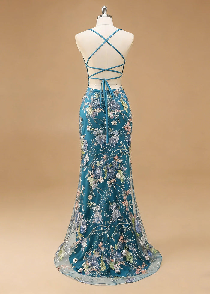 Maren Floral Peacock Sparkly Dress Prom | Mermaid Spaghetti Strap V - Neck Beaded Formal Dress with Sequins - Peacock - PromDressClub