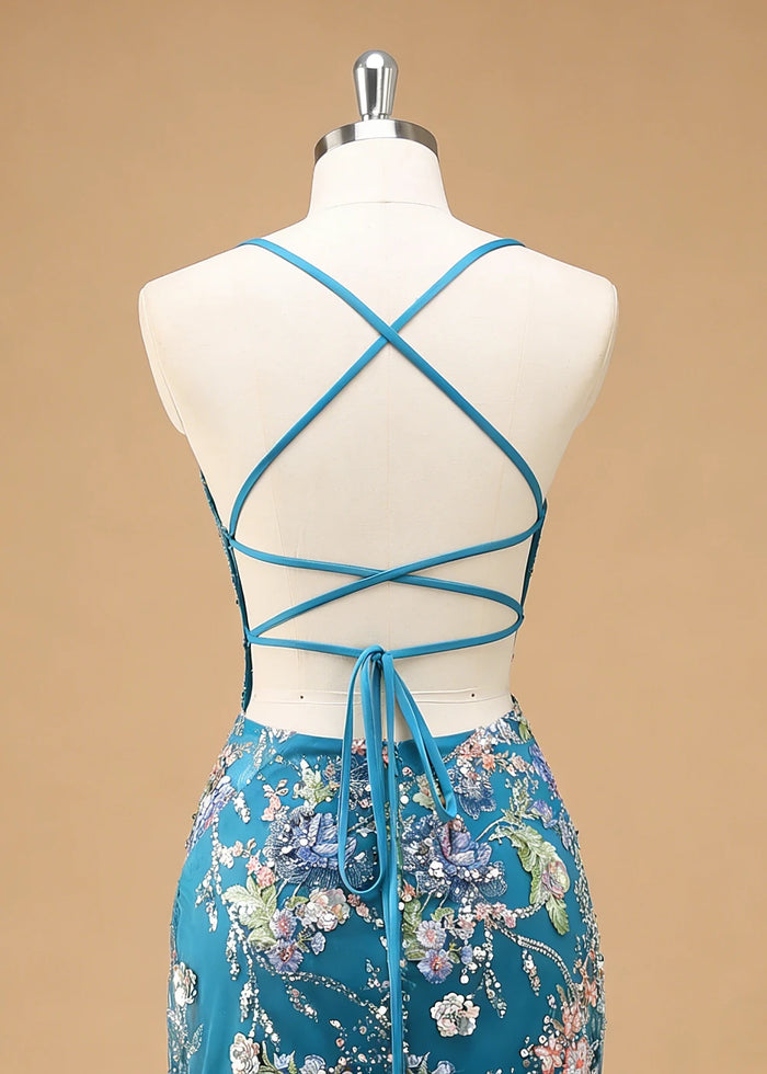 Maren Floral Peacock Sparkly Dress Prom | Mermaid Spaghetti Strap V - Neck Beaded Formal Dress with Sequins - Peacock - PromDressClub