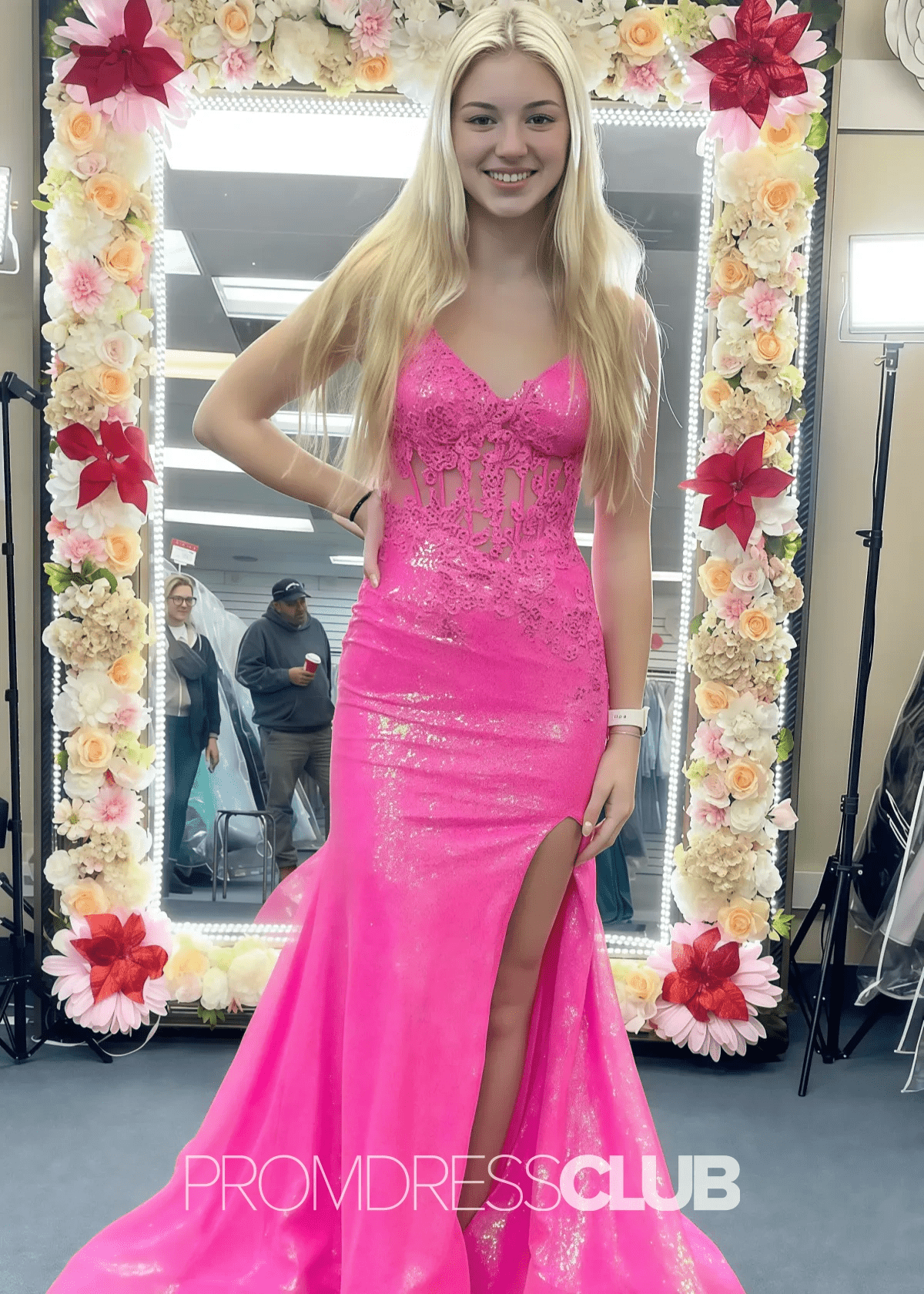 Marguerite |Orange Long Prom Dresses Near Me With Mermaid V Neck Sequins Slit - Hot Pink - US0 - PromDressClub