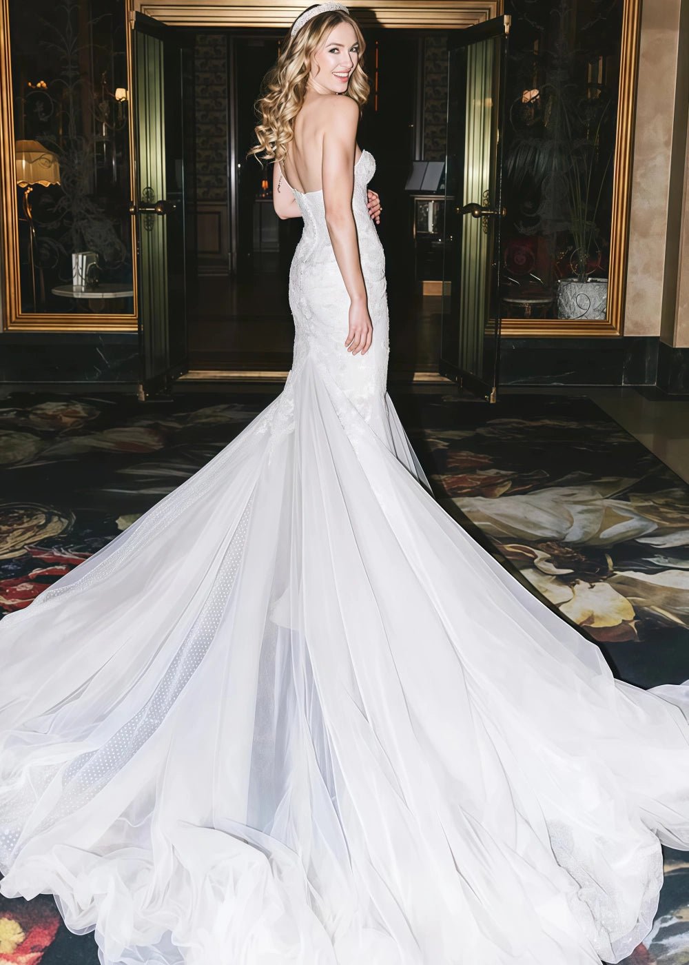 Maria | Stunning Mermaid Strapless Lace Detailing Wedding Dress with Long Train - White - PromDressClub