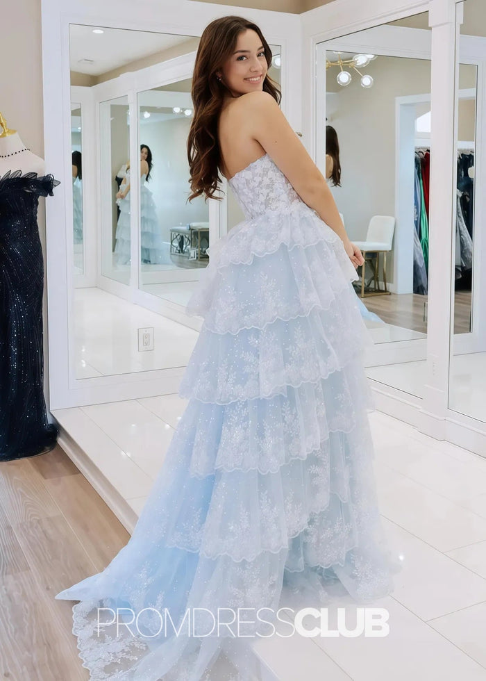 Marian |Red Long Prom Dresses Near Me With A Line Strapless Ruffle Sequin Lace - Price #price_variant_lowest# - Sky Blue - PromDressClub