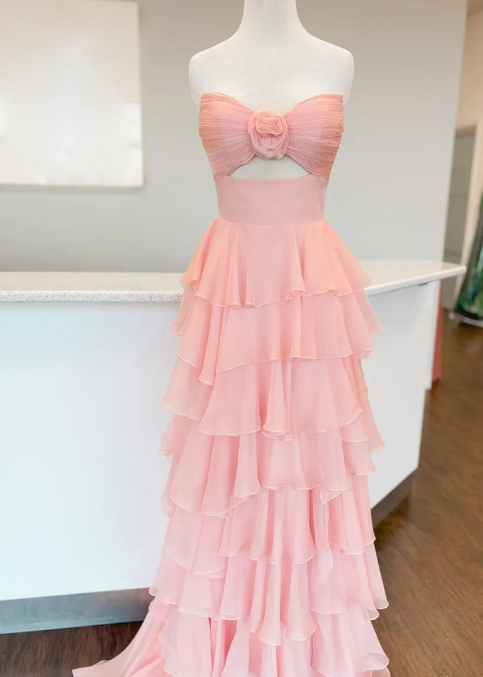 Marjorie | A - Line Sweetheart Chiffon Tiered Long Royal Blue Prom Dress with Slit - Blush - PromDressClub