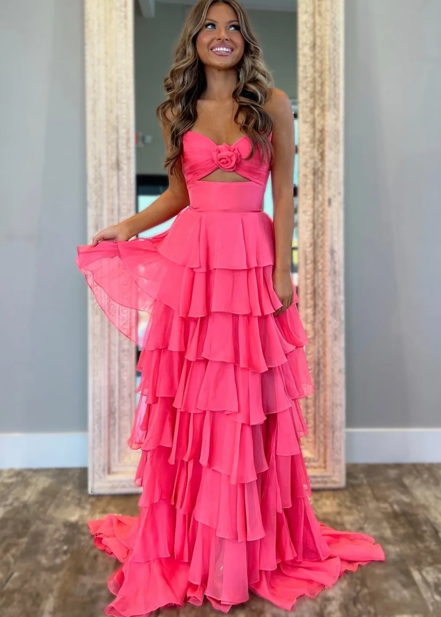 Marjorie | A - Line Sweetheart Chiffon Tiered Long Royal Blue Prom Dress with Slit - Coral - PromDressClub