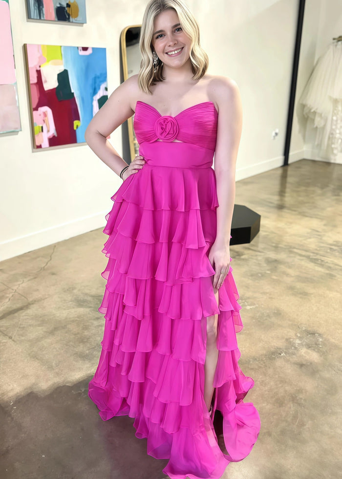Marjorie | A - Line Sweetheart Chiffon Tiered Long Royal Blue Prom Dress with Slit - Fuchsia - PromDressClub