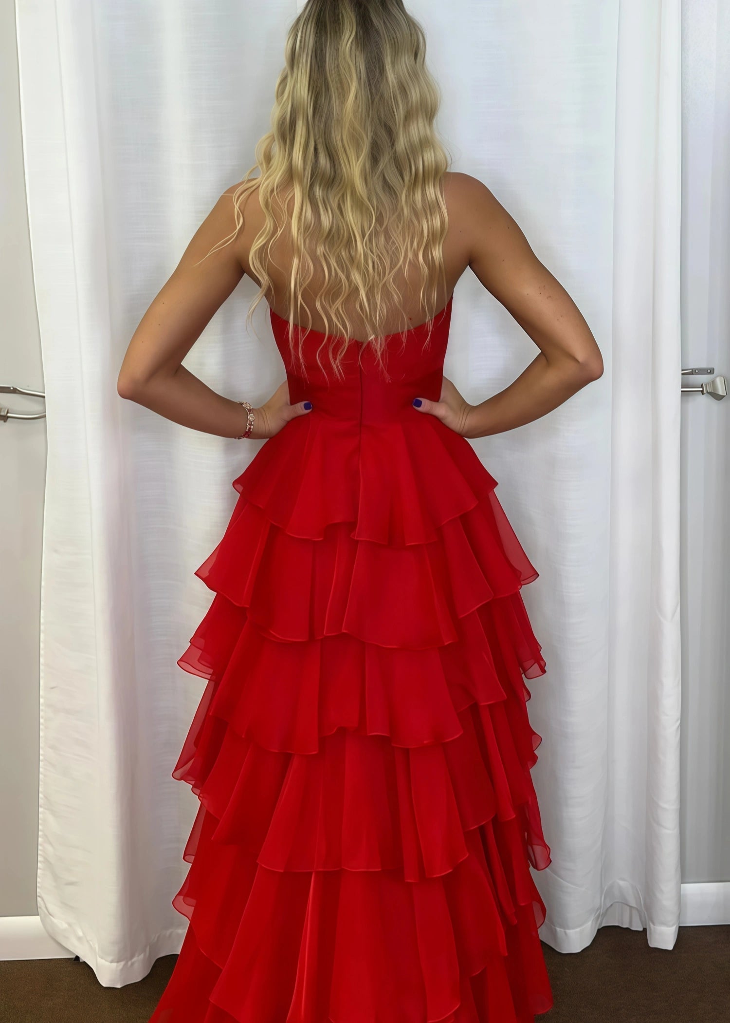 Marjorie | A - Line Sweetheart Chiffon Tiered Long Royal Blue Prom Dress with Slit - Red - PromDressClub