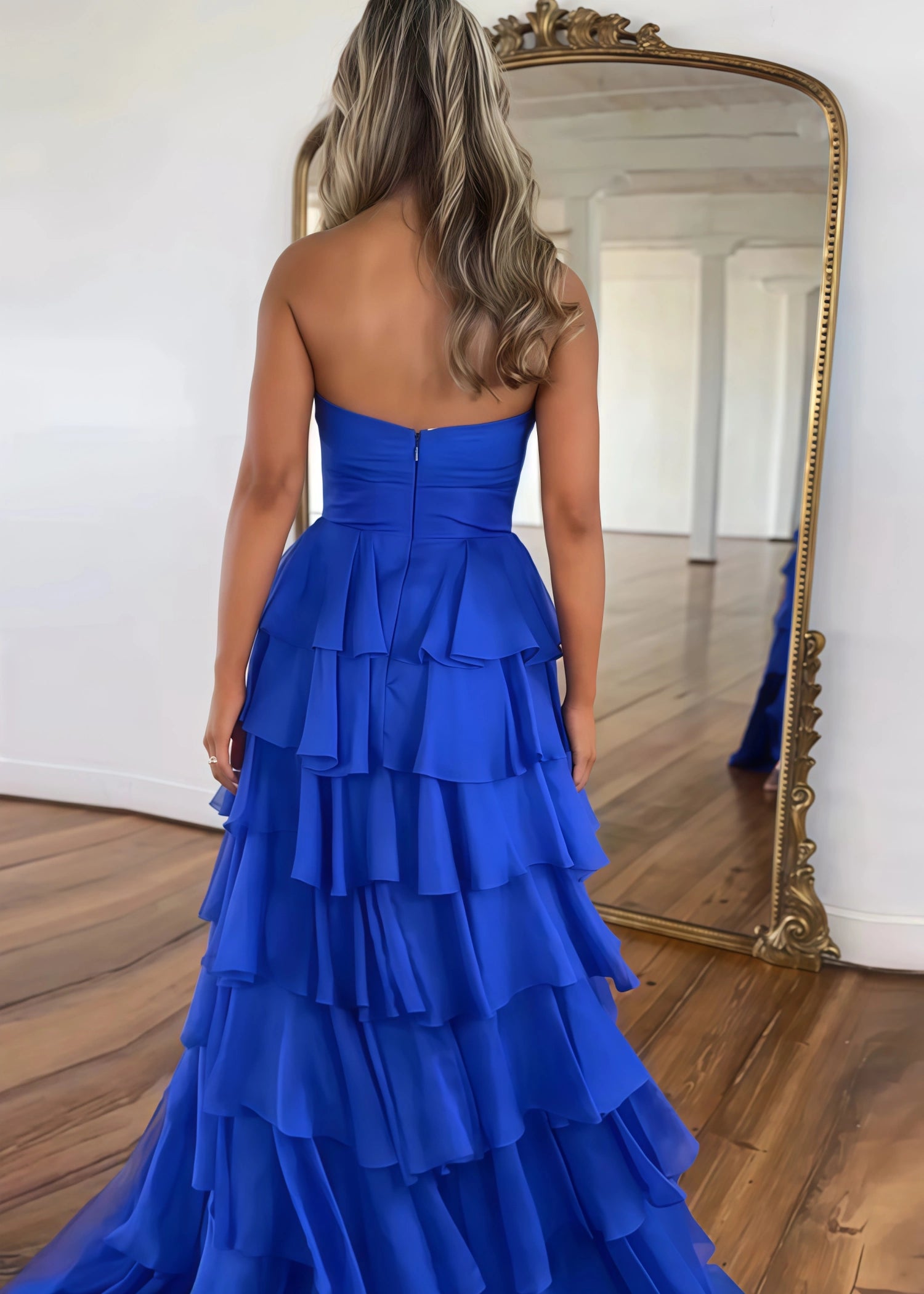 Marjorie | A - Line Sweetheart Chiffon Tiered Long Royal Blue Prom Dress with Slit - Royal Blue - PromDressClub