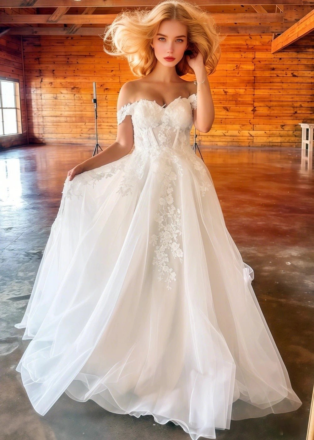 Martha | Boho Black and White Off the Shoulder Sweetheart Neck Wedding Dress with Long Train - White - PromDressClub