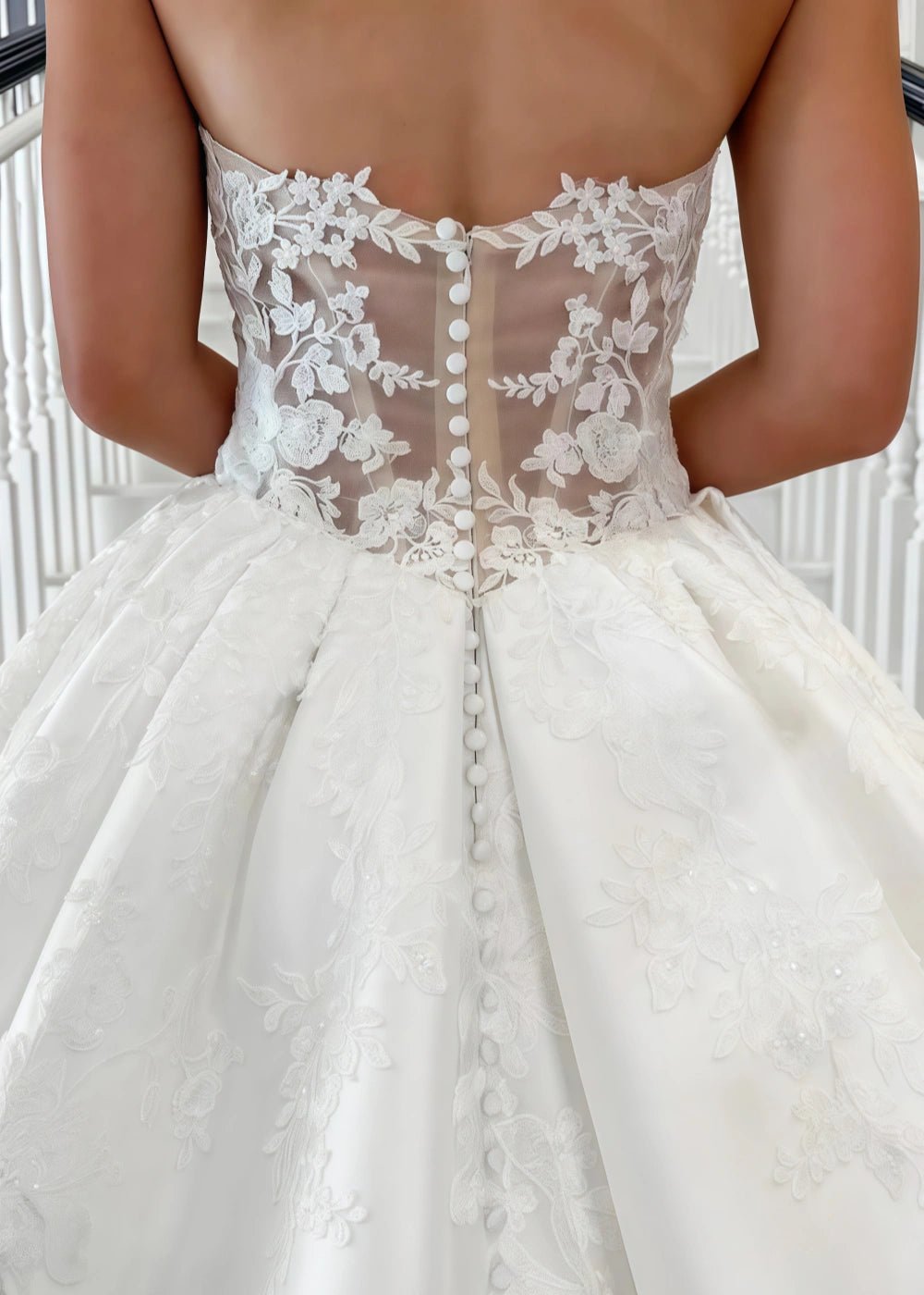 Martina | Stunning Strapless Lace Embroidered Satin Ball Gown Wedding Dress with Long Train - White - PromDressClub