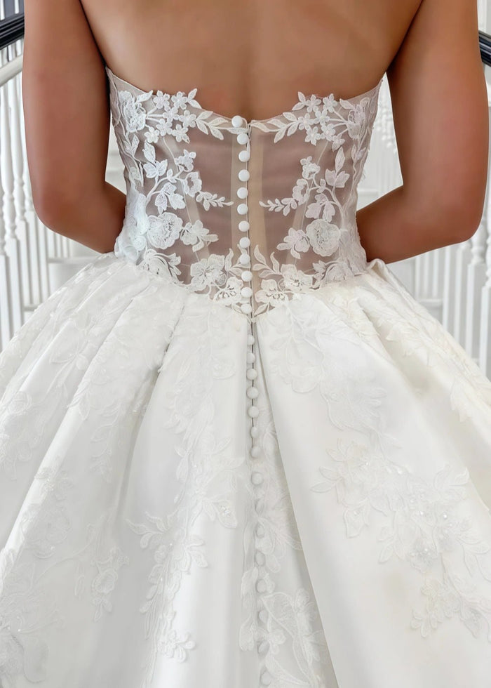 Martina | Stunning Strapless Lace Embroidered Satin Ball Gown Wedding Dress with Long Train - White - PromDressClub