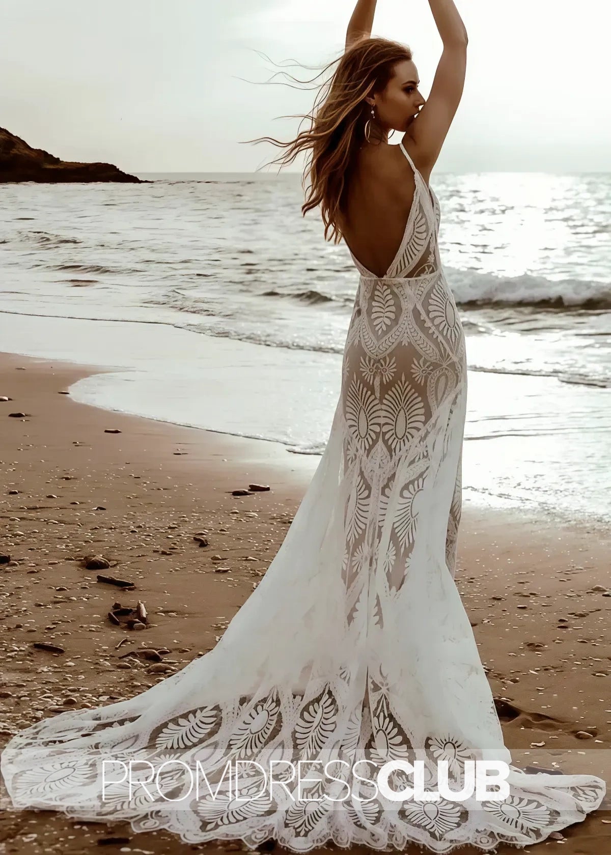 Mary |Long Beach Wedding Dresses Near Me With Floral Mermaid V Neck Plunging Boho Lace Sweep Train - White - US0 - PromDressClub