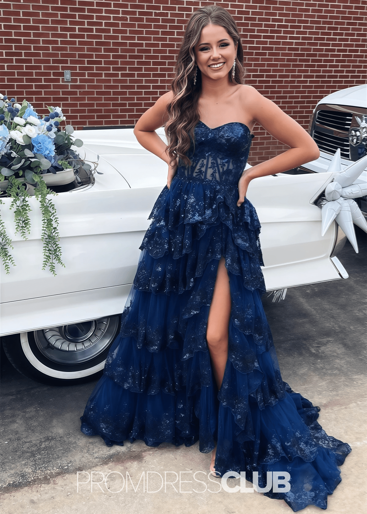 Maud | A Line Sequin Appliques Tiered Navy Blue Maxi Formal Dress Stores Near Me - Navy Blue - PROMDRESS Club