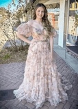 Maureen | A Line Champagne Floral Print Long Prom Dress Stores Near Me - Champagne Floral - PROMDRESS Club