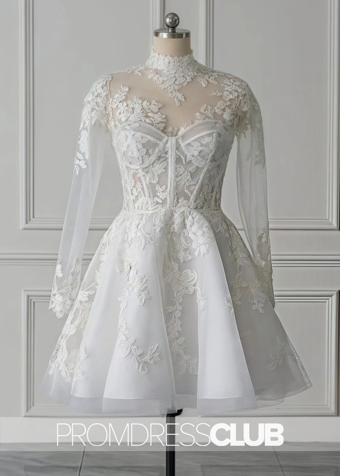 Mavis |Short White Wedding Dresses Near Me With A - Line Illusion Neck Long Sleeves Lace - Price #price_variant_lowest# - White - PromDressClub