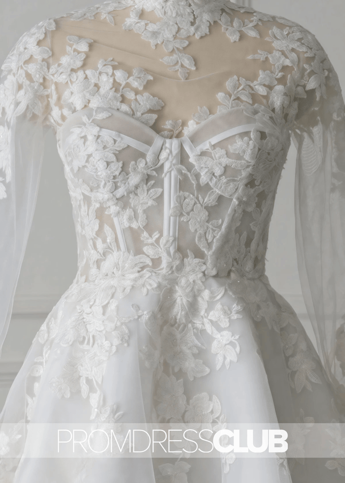 Mavis |Short White Wedding Dresses Near Me With A - Line Illusion Neck Long Sleeves Lace - Price #price_variant_lowest# - White - PromDressClub