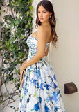 May | Light Blue Floral Strapless Corset Satin Formal Dress with Slit - Light Blue Floral - PromDressClub