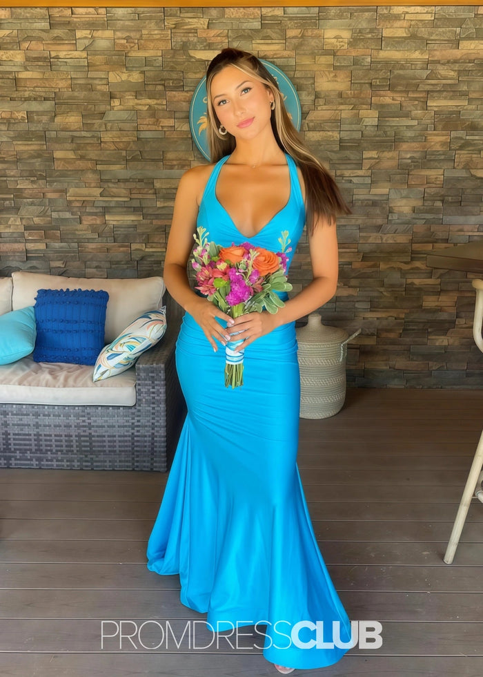 Megan | Mermaid Ruched Aqua Long Prom Dress Near Me - Price #price_variant_lowest# - Aqua - PromDressClub