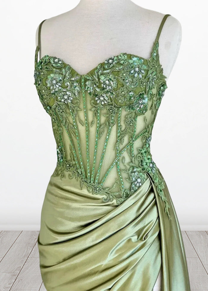 Paula | Silver Emerald Green Mermaid Corset Pleated Satin Formal Dress with Train - Sage - PromDressClub