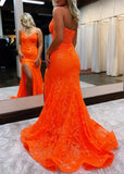 Mermaid V - neck Spaghetti Straps Sequined Lace Orange Long Prom Dress With Slit - Orange - US0 - PromDressClub