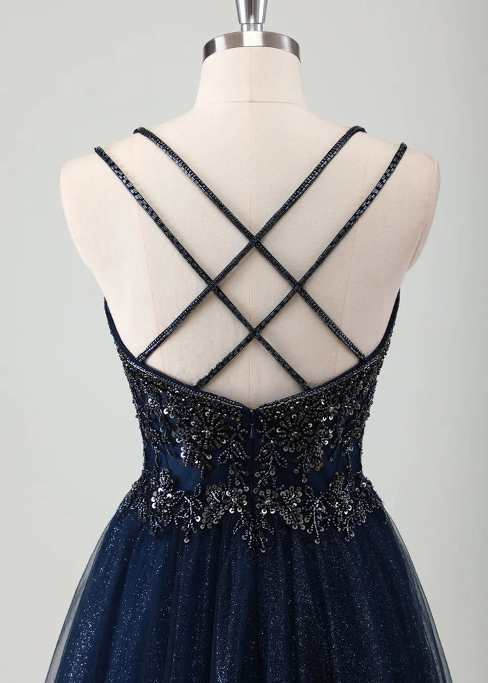 Meroy | A - Line Spaghetti Straps Tulle Long Corset Glitter Navy Prom Dress With Beaded - Navy Blue - PromDressClub