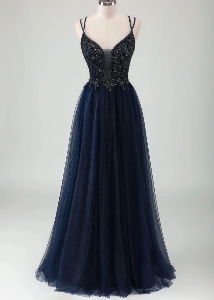 Meroy | A - Line Spaghetti Straps Tulle Long Corset Glitter Navy Prom Dress With Beaded - Navy Blue - PromDressClub