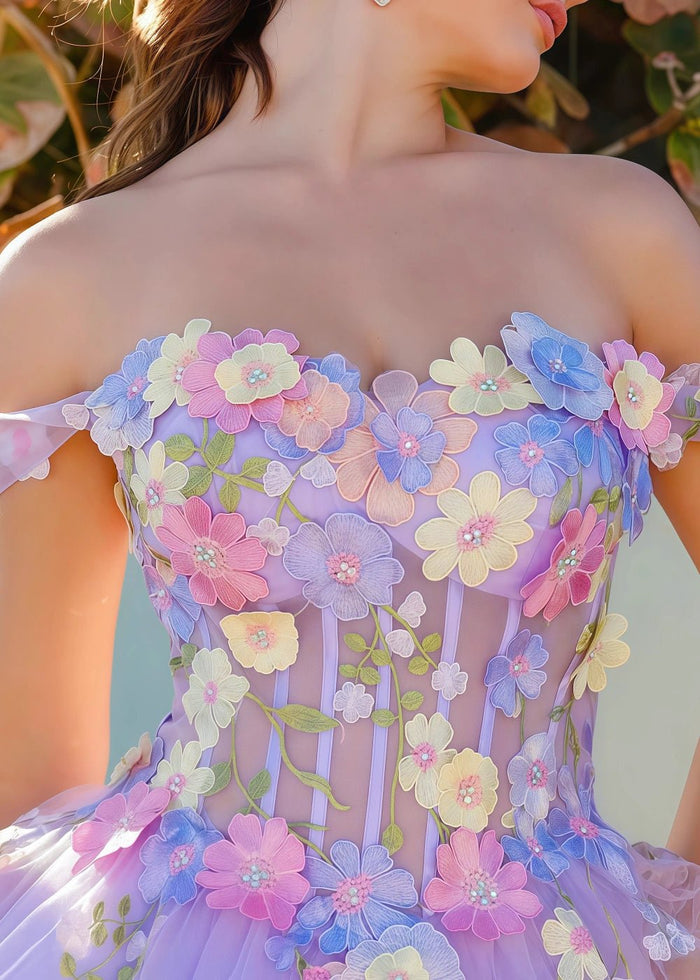 Mia | Exquisite Light Blue Off the Shoulder Flower Corset Prom Dress - Lavender Floral - PromDressClub