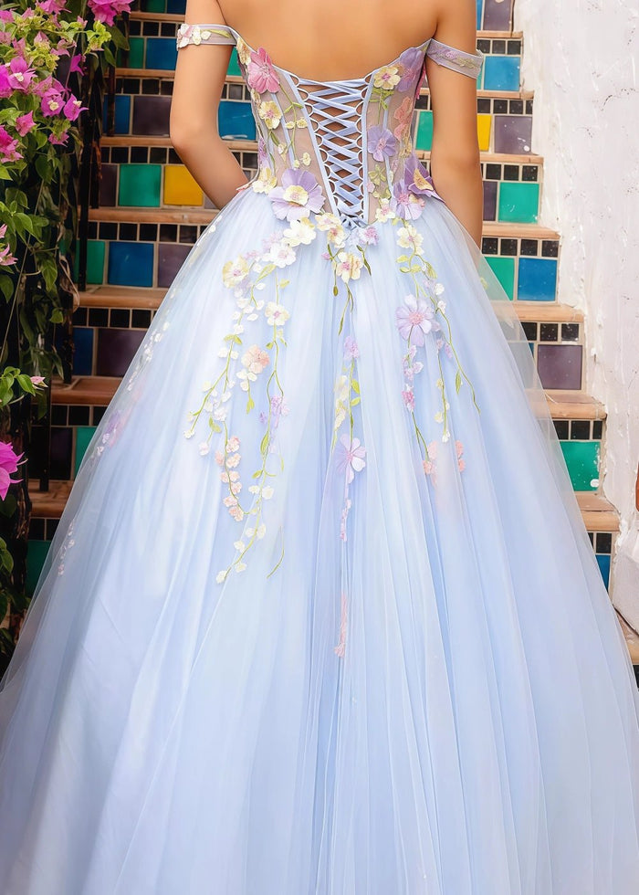 Mia | Exquisite Light Blue Off the Shoulder Flower Corset Prom Dress - Light Blue Floral - PromDressClub