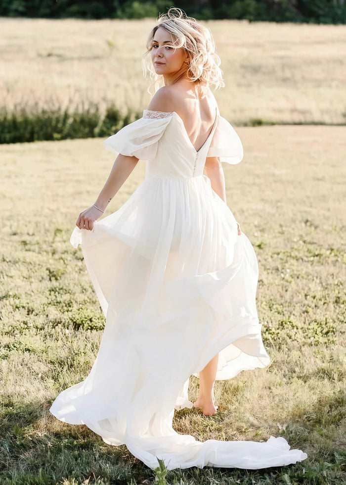 Michelle | Off the Shoulder Puff Sleeve Chiffon Bridal Gown for Outdoor Weddings - Ivory - PromDressClub