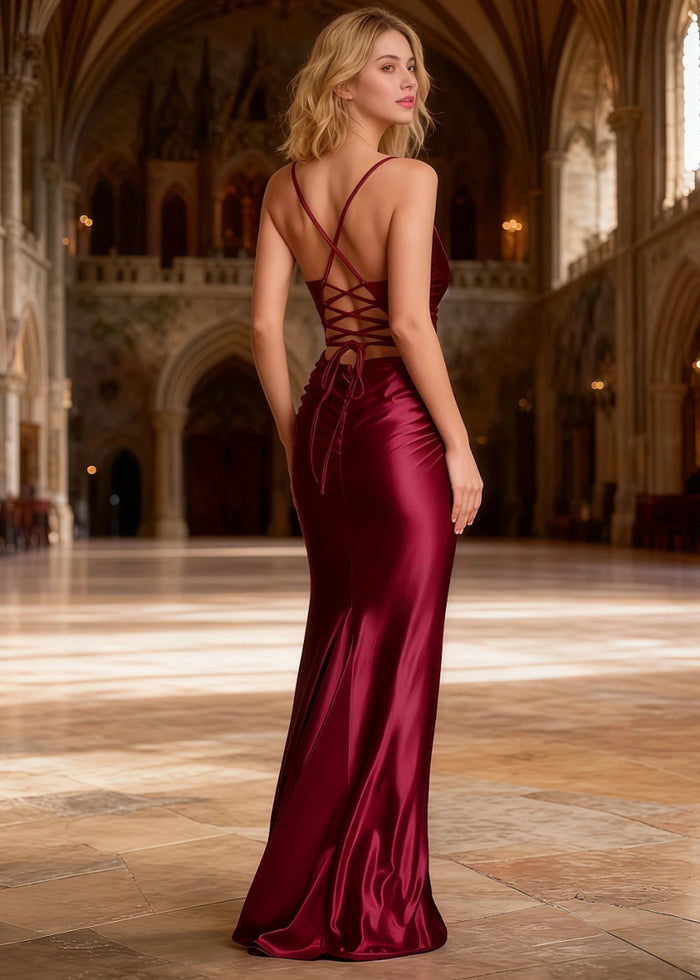 Mila Burgundy Satin Backless Prom Dress | Mermaid Spaghetti Straps V - Neck Ruched Dress - US0 - PromDressClub