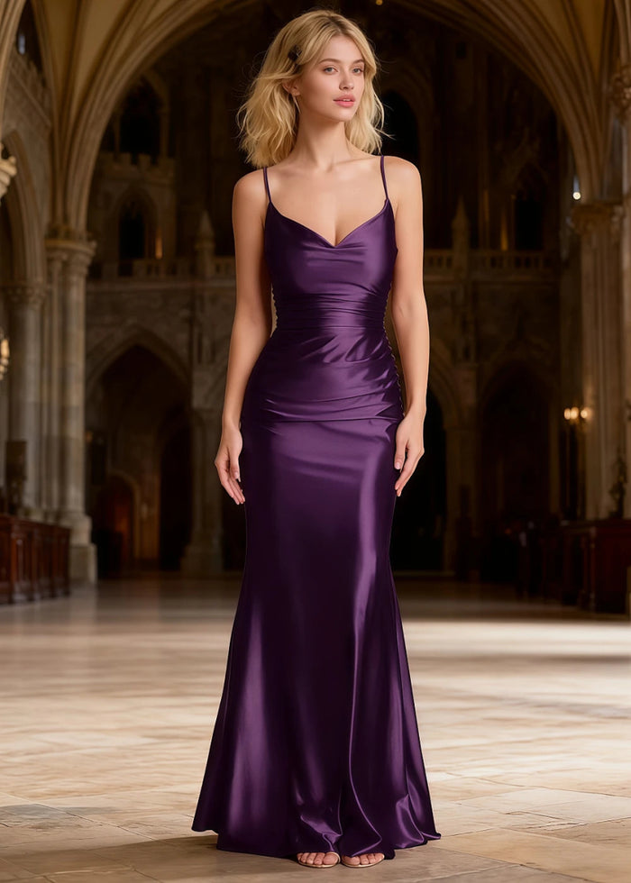 Mila Purple Satin Backless Prom Dress | Mermaid Spaghetti Straps V - Neck Ruched Dress - US0 - PromDressClub
